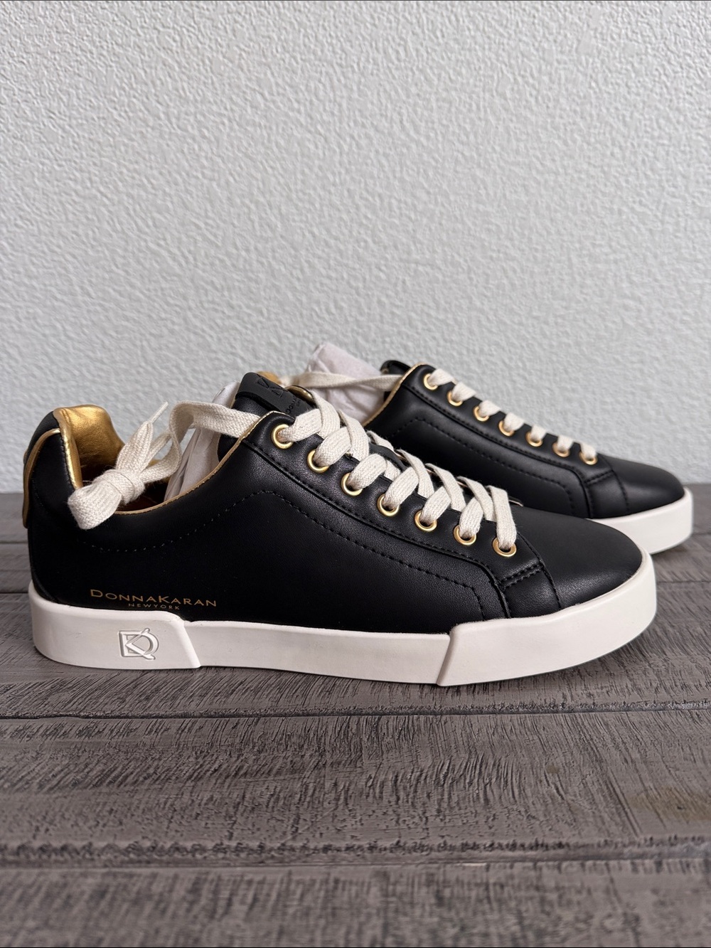 Donna Karan Black and Gold Low-Top Lace Up Sneakers NIB